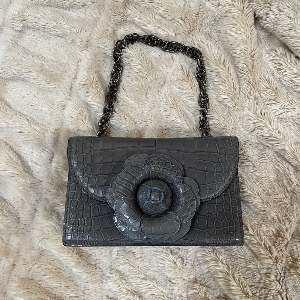 Oscar de la Renta Gray Shoulder Bag with Flap Closure